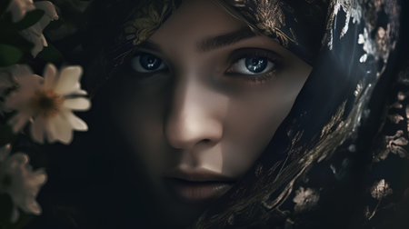 Portrait of a young beautiful girl in a black headscarf.の素材