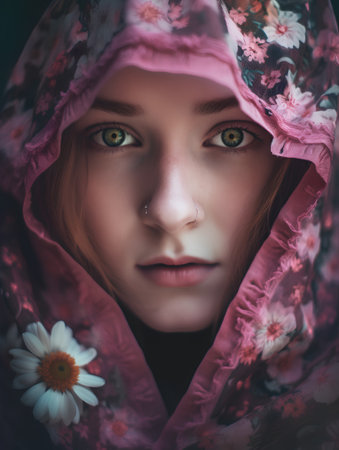 Portrait of a beautiful girl with flowers in her hair in a pink scarfの素材