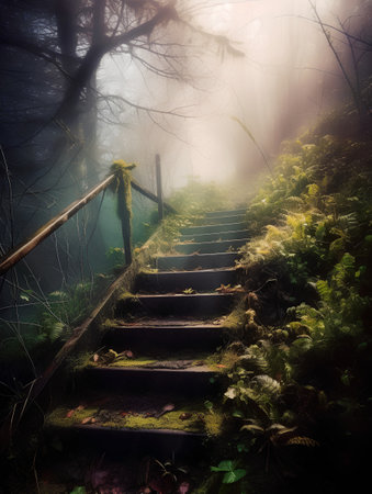 Staircase in the foggy forest. Fantasy moody image.の素材