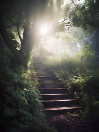 Staircase in the forest at sunrise. Beautiful summer landscape.の素材