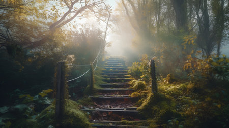Wooden stairs in the misty forest. Beautiful autumn landscape.の素材