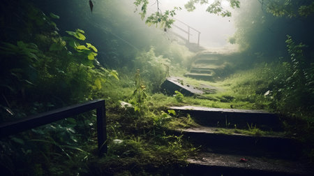 Mysterious and mysterious staircase in the foggy summer forest.の素材