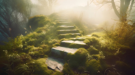 Stairs in the misty forest at sunrise. Beautiful landscape.の素材