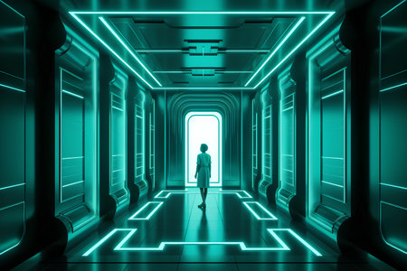 Futuristic corridor with glowing lights and a man in a suit. 3d renderingの素材