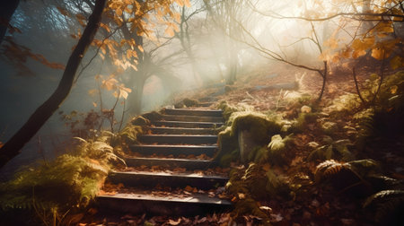 Staircase in the autumn forest with fallen leaves and fog.の素材