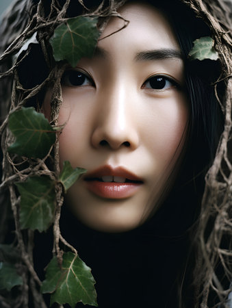 Beautiful young asian woman with green leafs around her faceの素材