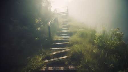 Wooden stairs in a foggy forest, vintage retro style.の素材