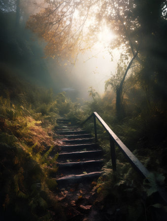 Wooden stairs in autumn forest with sunbeams and fog.の素材