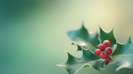 Christmas holly berry with green leaves on bokeh backgroundの素材