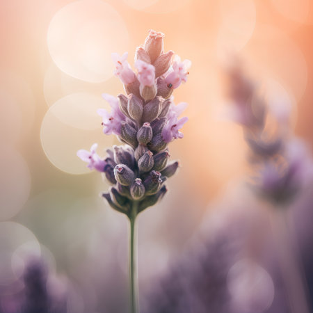 Beautiful lavender flowers with bokeh background. Vintage tonedの素材