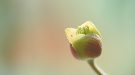 A macro shot of a yellow and green flower bud with blurred background.の素材