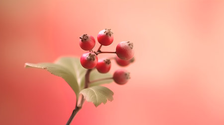 Hawthorn berries on a red background. Shallow depth of fieldの素材