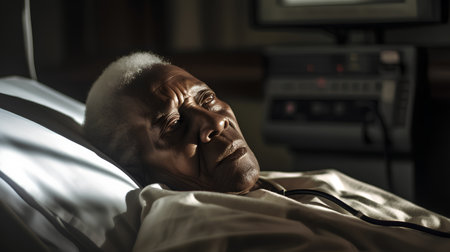 Portrait of sick senior man lying in bed at home with stethoscope.の素材