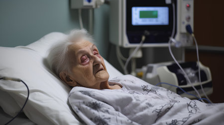 Portrait of sick senior woman lying in hospital bed and looking at cameraの素材