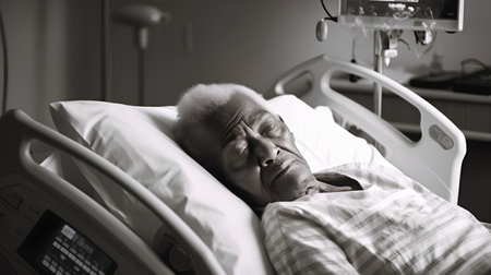 Elderly man lying in hospital bed. Black and white.の素材