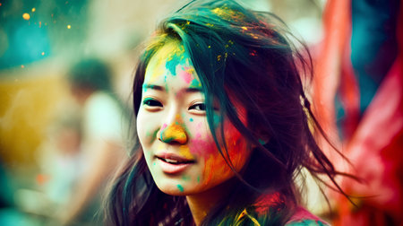 Portrait of a beautiful young woman with colorful paint on her faceの素材