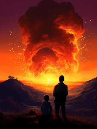 Silhouette of a father and son looking at a nuclear explosionの素材