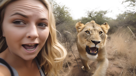 Young woman with a lioness in the Okavango Delta, Botswana.の素材