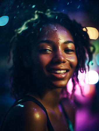 Portrait of young african american woman dancing in night clubの素材