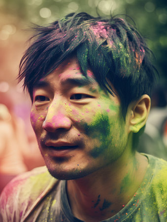 Portrait of young Asian man with face covered with colorful holi powderの素材