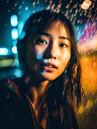 Beautiful asian woman in rain with bokeh background.の素材