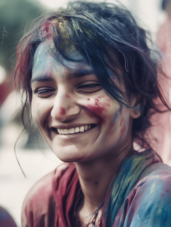 Holi celebrations in India. Shot of a happy young woman at the Holi festival.の素材