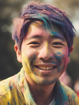 Portrait of happy young asian boy with Holi festival colorの素材