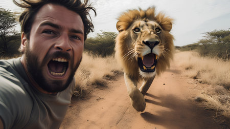 Angry man with a lion in the savannah of Africa.の素材