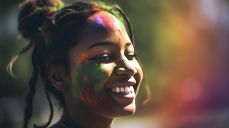 Portrait of a young african-american woman with multicolored paint on her faceの素材