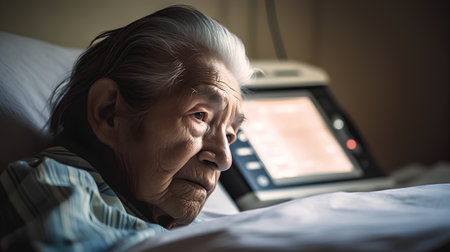 Elderly woman lying in bed at home and looking at the cameraの素材