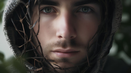Portrait of a young man in a hood. Close-up.の素材