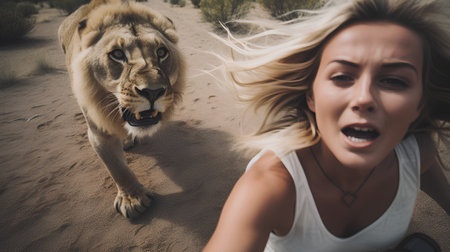 Beautiful young woman playing with a lion in the sand dunesの素材