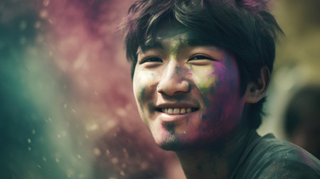 Portrait of happy young man with holi powder on his faceの素材