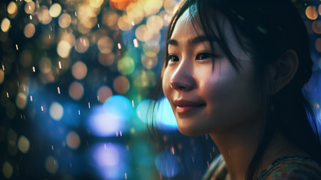 Portrait of Asian woman with bokeh light background at nightの素材