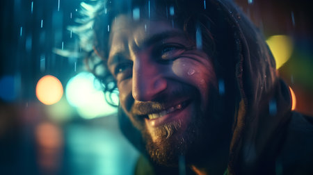 Portrait of a bearded man in the rain. Nightlife.の素材