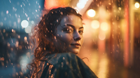 Portrait of a beautiful young woman in the rain at night.の素材