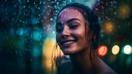 Portrait of a beautiful young woman in the rain at night.の素材