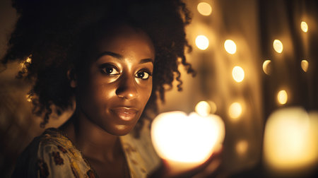 Portrait of a beautiful african american woman with candle.の素材
