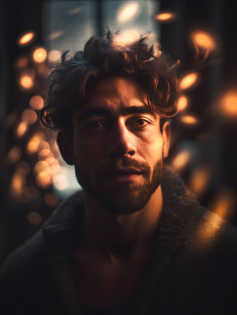 Portrait of a handsome young man in a dark room with lights.の素材