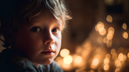 Portrait of a little boy in a dark room with Christmas lightsの素材