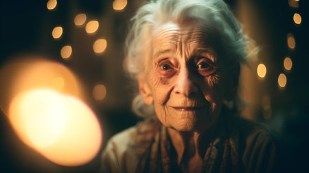 Portrait of an elderly woman in a dark room with lights.の素材