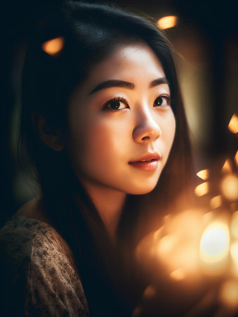 Portrait of a beautiful young asian woman with golden bokehの素材