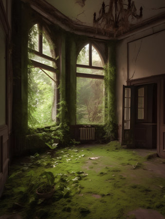 Abandoned room with green moss and window in the forest.の素材