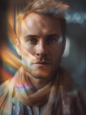 Portrait of a handsome young man in a scarf. Fashion photoの素材