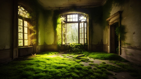 Abandoned interior of an old mansion with green moss and sunlightの素材