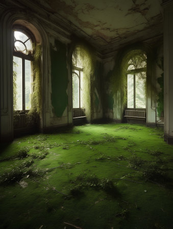 Old abandoned room with green grass and window, 3d render.の素材