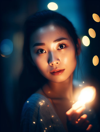 Beautiful asian woman with sparkler in her hand, closeup portraitの素材