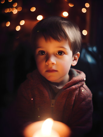 Portrait of little boy with candle in christmas room. Christmas concept.の素材