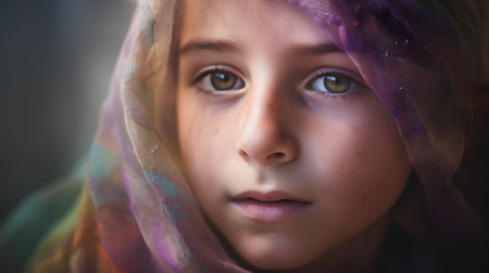 Portrait of a beautiful little girl with a shawl on her headの素材