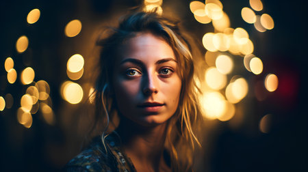 Portrait of a beautiful young woman on a background of lights.の素材